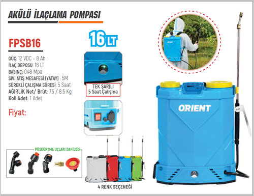 ORİENT İLAÇ SIRT POMPASI 16 LT AKÜLÜ ŞARJLI
